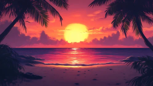 Sun sets over tropical beach framed by palm silhouettes