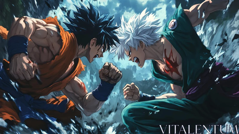 Rival martial artists clash midair in explosive canyon battle.