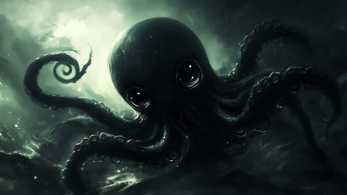 Giant octopus form emerging in dark, misty ocean scene.