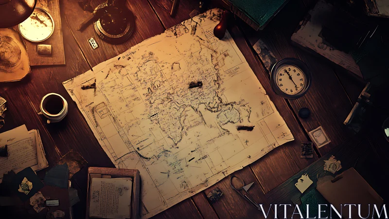 Weathered explorer map amid vintage desk cluttered objects.