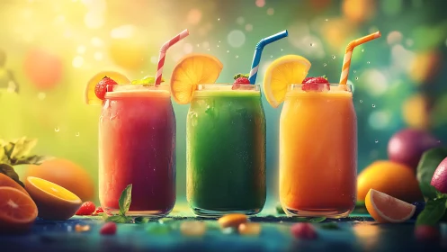 Three fruit beverages in glass containers with straws.