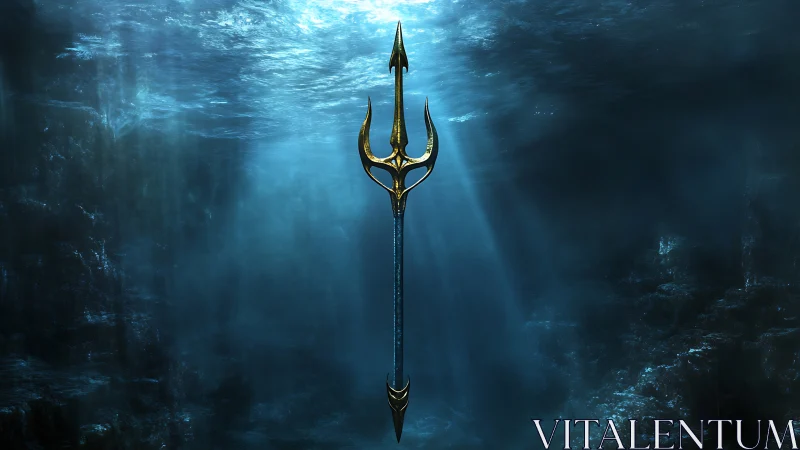 Golden trident suspended in deep blue underwater scene.