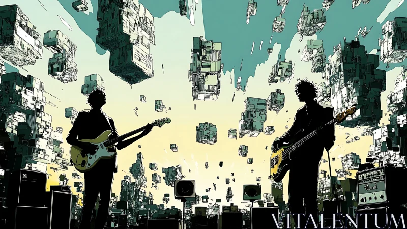 Two guitarists share a surreal city stage beneath floating blocks