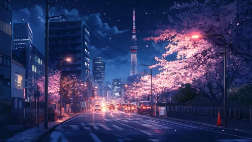 Tokyo spring boulevard under neon-lit twilight sky.