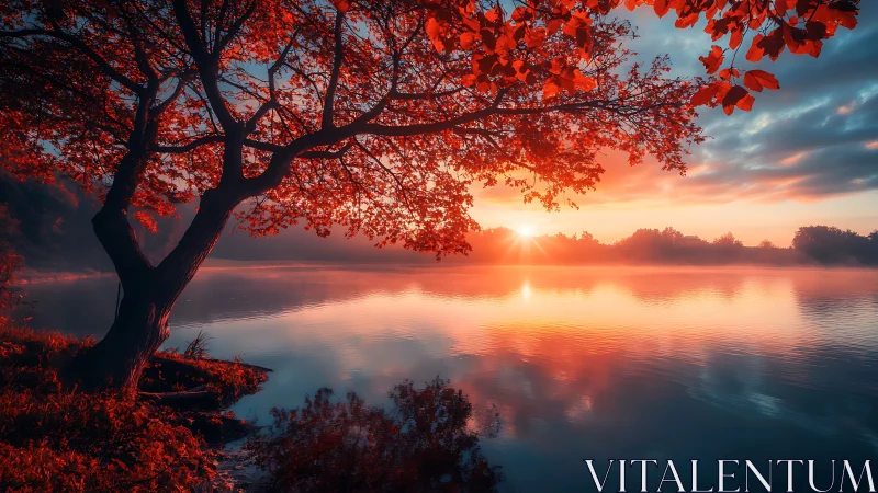 Chromatic shoreline tree framing high-saturation lake sunrise.