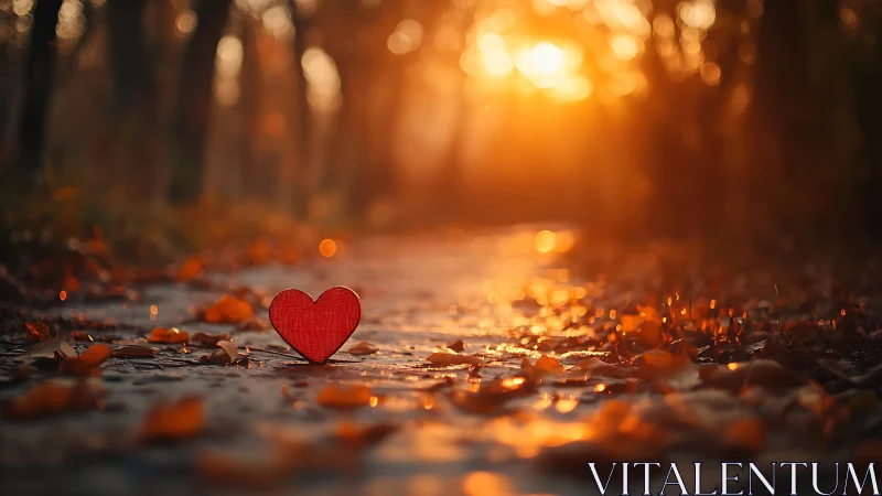 Red Heart Rests Among Autumn Leaves in Golden Forest Light