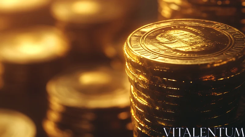 Stacked metallic coins under warm directional light with shallow focus