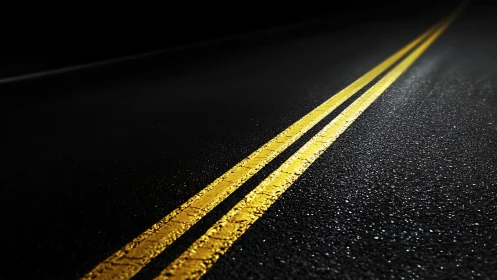 Yellow road centerlines glow against a dark night highway.