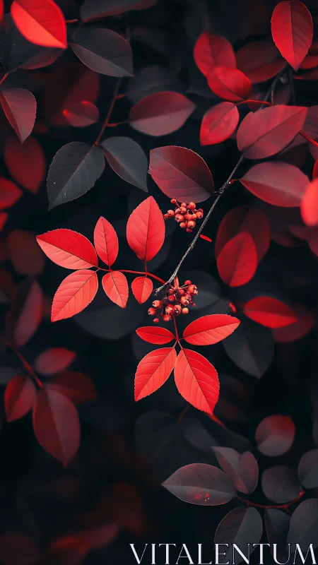 Red compound leaves and berries contrast against dark foliage