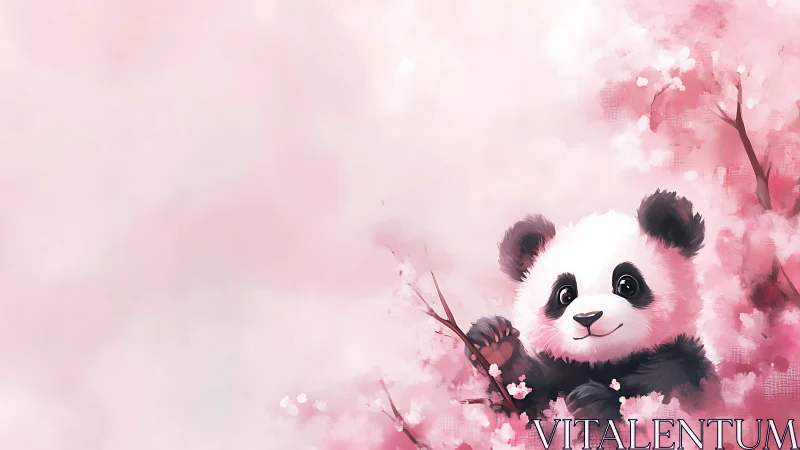 Gentle panda cub peeks out from dreamy pink blossoms softly