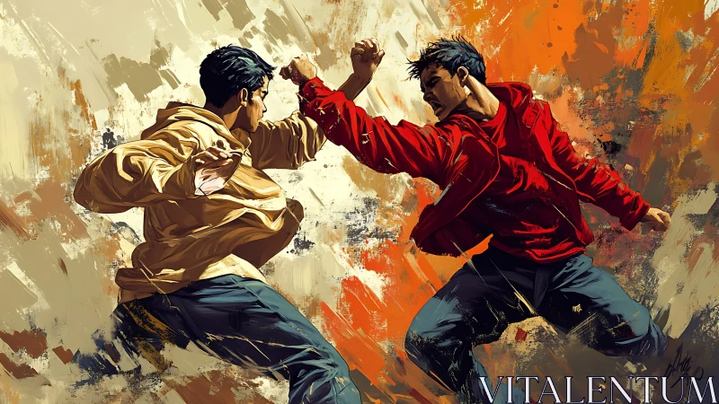 Urban duel in scarlet and sand, fists carving painted thunder.