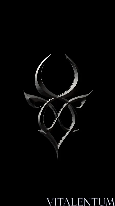 Metallic abstract sigil with curved blades on black field.