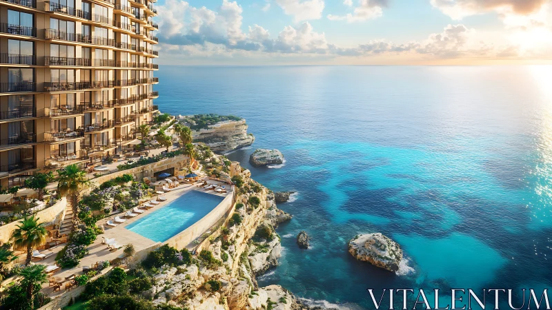 Cliffside hotel complex overlooks coastal pool and seascape