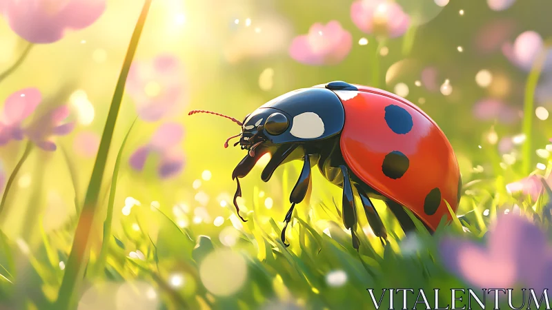 Ladybug glows in sunlit meadow with dreamy bokeh light.
