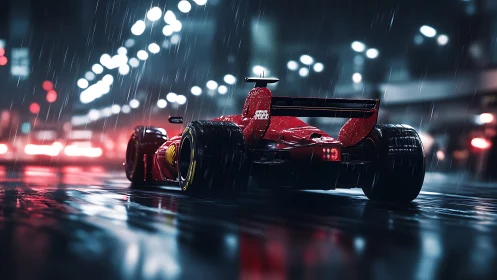 Red formula racer on wet neon city street at night.