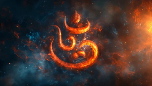 Fiery Om symbol glows within swirling cosmic nebulae