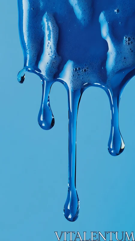 Viscous cobalt liquid drips downward against flat cyan field