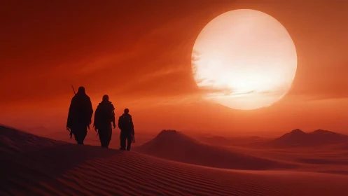 Travelers cross burning red desert beneath oversized sun