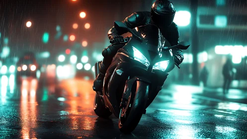 Neon storm rider carves light trails through rainy city night.