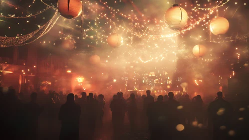 Lantern lit festival crowd under glowing night sky magic.