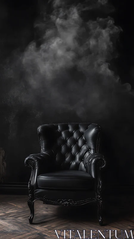 Tufted black leather wingback chair in dark smoky interior