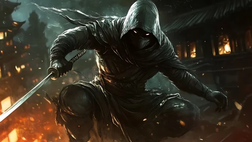 Hooded cyber-ninja with katana amid burning feudal compound