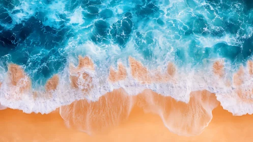 Aerial surf crashes over glowing peach tropical shoreline.