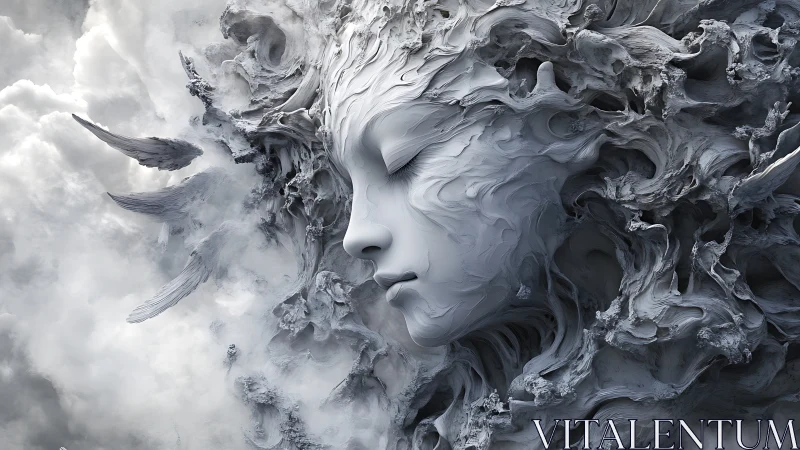 Volumetric marble seraph emerging from turbulent cloudfields.