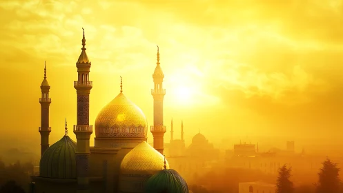 Photorealistic golden mosque skyline at radiant sunrise.