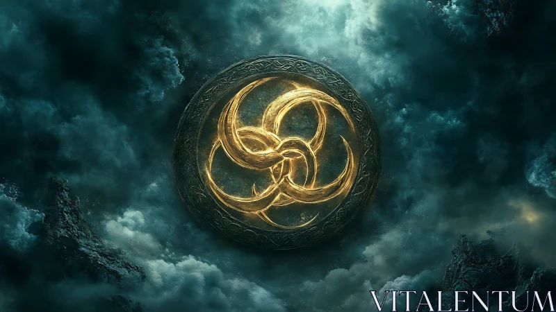Golden triskelion emblem glows within stormy teal clouds