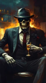 Skeletal mob boss in burning lounge, noir suit and whiskey