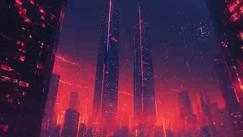 Neon twin spires dominating a crimson cyberpunk skyline.