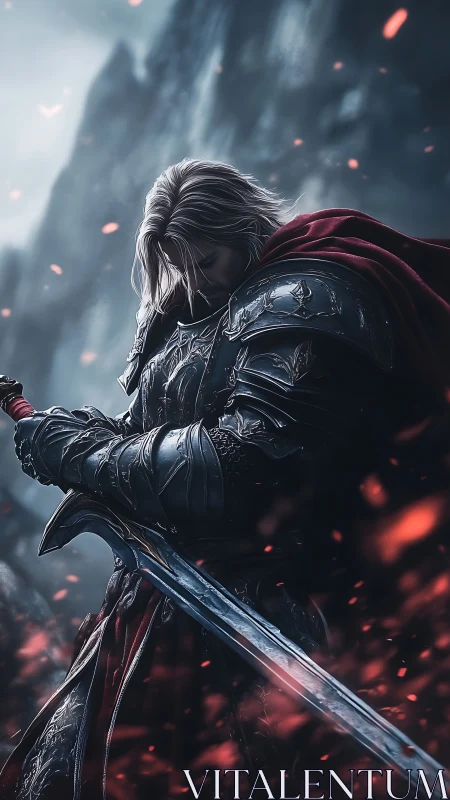 Solemn knight at rest beneath stormy, ember-lit skies.