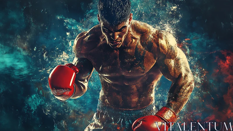 Boxer in Red Gloves with Intense Teal Background.