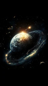 Glowing ring of stars encircles blue planet in deep space.