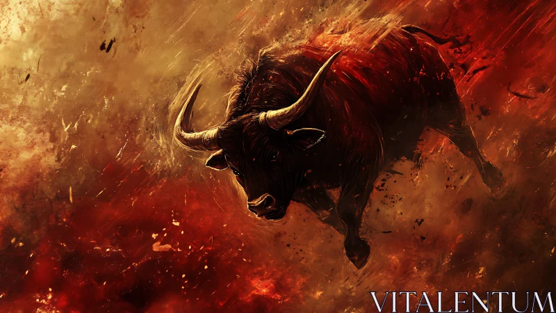 Dynamic charging bull in fiery abstract digital painting composition.