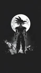 Silhouetted warrior stance under full lunar backlight.