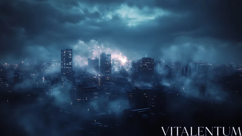 Nocturnal high rise skyline in stormlit industrial fog belt