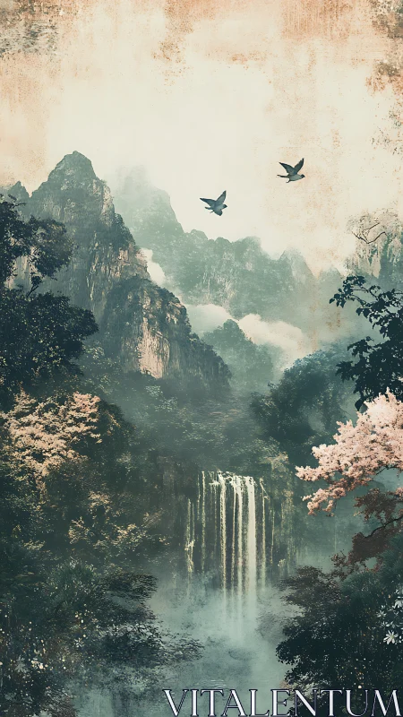 Layered misty mountains with cascading waterfall and birds in flight