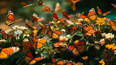 Monarch butterflies occupy flowering plants in shallow focus.