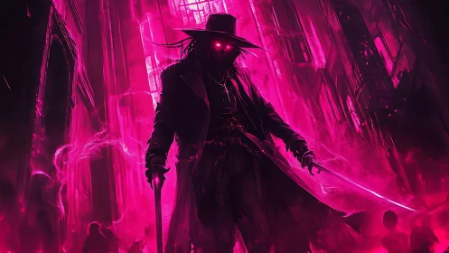 Neon phantom swordsman stalks a magenta drenched city void.
