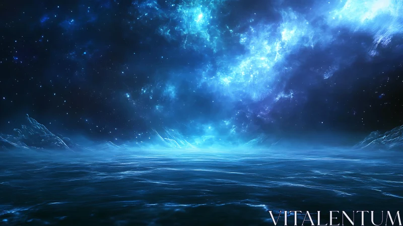 Frozen alien ocean reflects glowing blue galactic nebula