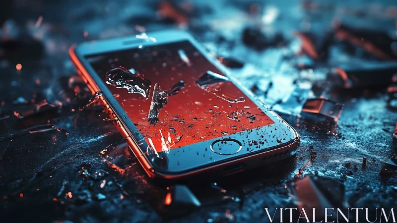 Impact-fractured smartphone display with suspended glass shards.