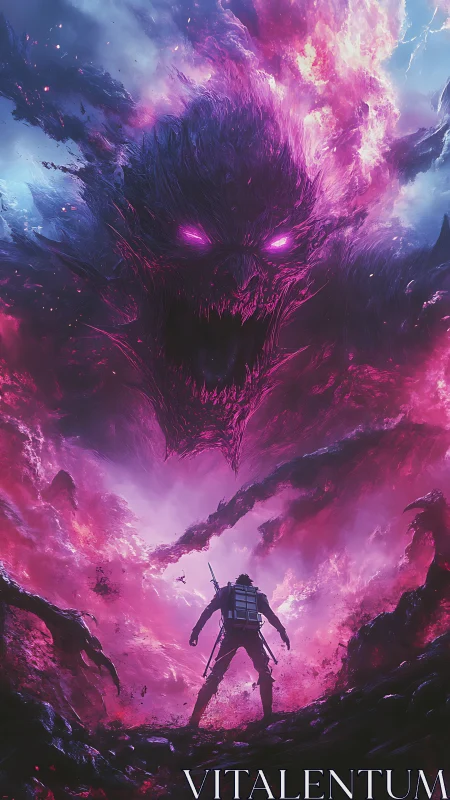 Solitary figure confronts large spectral entity in neon storm