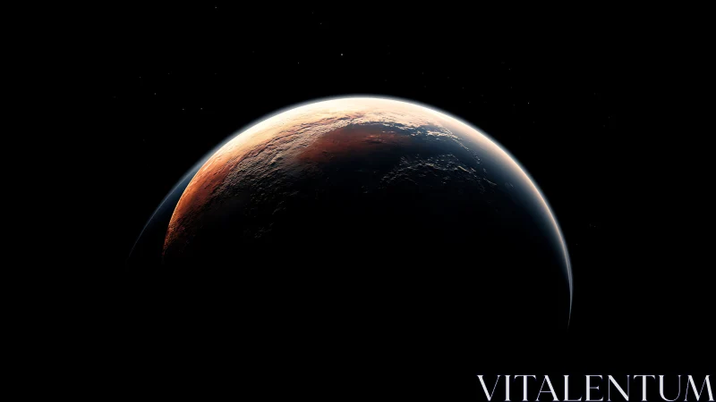 Gentle sunrise over a quiet, rust toned alien world.