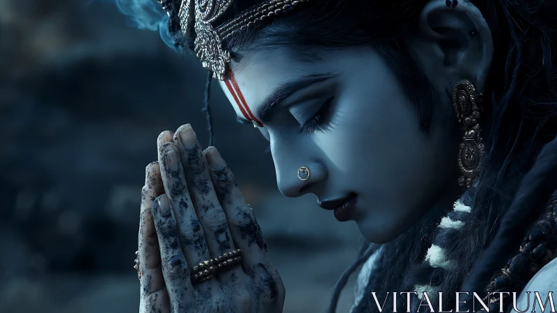 Midnight-blue mystic in prayerful silence and sacred light.