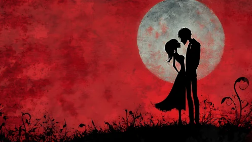 Moonlit Romance: Silhouettes Dancing Under Crimson Skies.