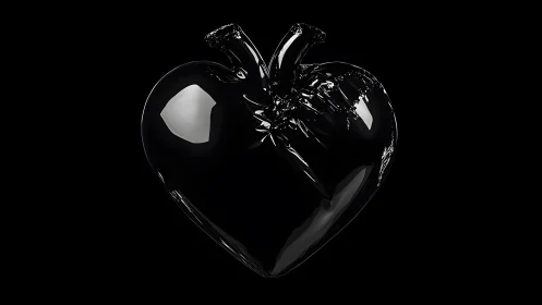 Shiny Black Glass Heart on Black Background, Minimalist 3D Art.