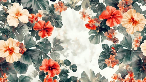 Hibiscus blossoms frame soft white center in balanced symmetry