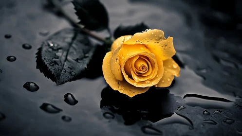 Golden rain-kissed rose adrift on midnight reflections.